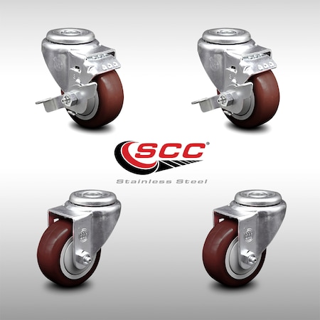 Service Caster 3 Inch SS Maroon Polyurethane Wheel Swivel Bolt Hole Caster Set with 2 Brake SCC SCC-SSBH20S314-PPUB-MRN-TLB-2-S-2